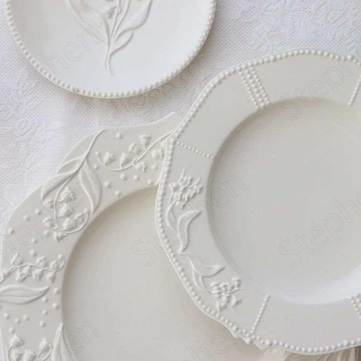 Embossed Lily of the Valley Flower Relief Lace Ceramic Plate