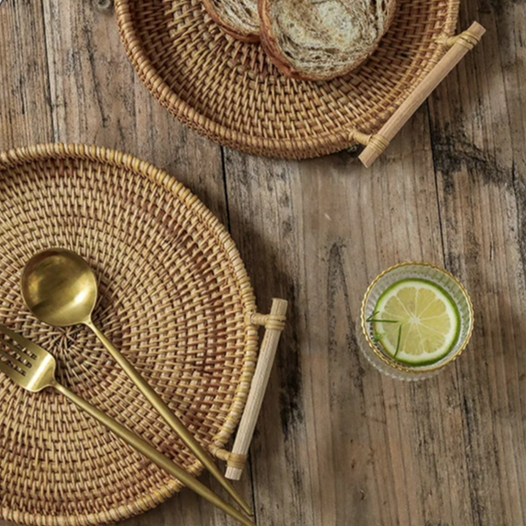 Round Handwoven Rattan Storage Tray with Wooden Handle