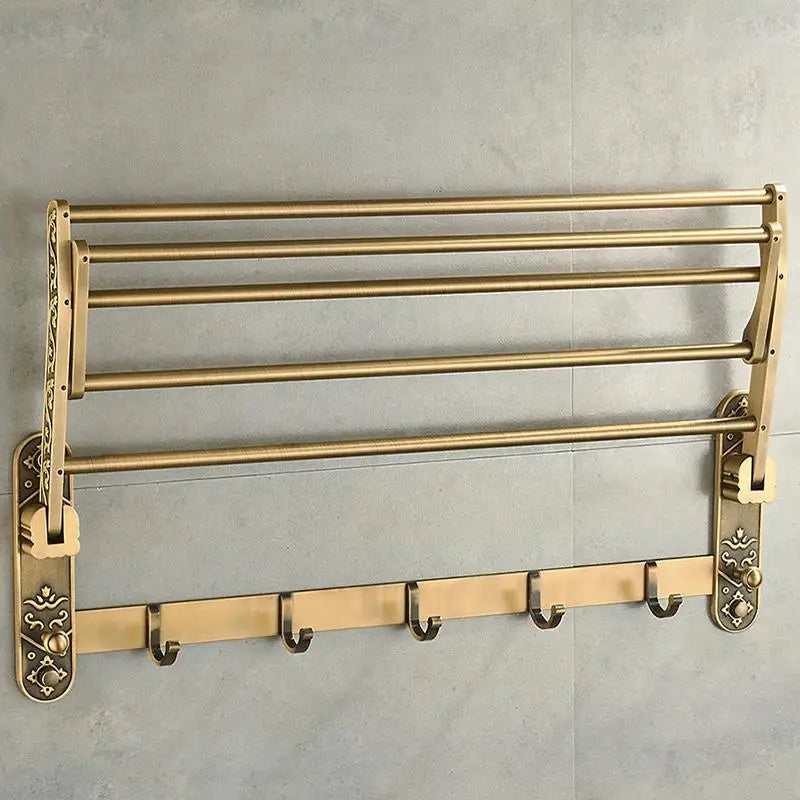 Foldable Antique Brass Bath Towel Rack with Towel Holder and Hooks